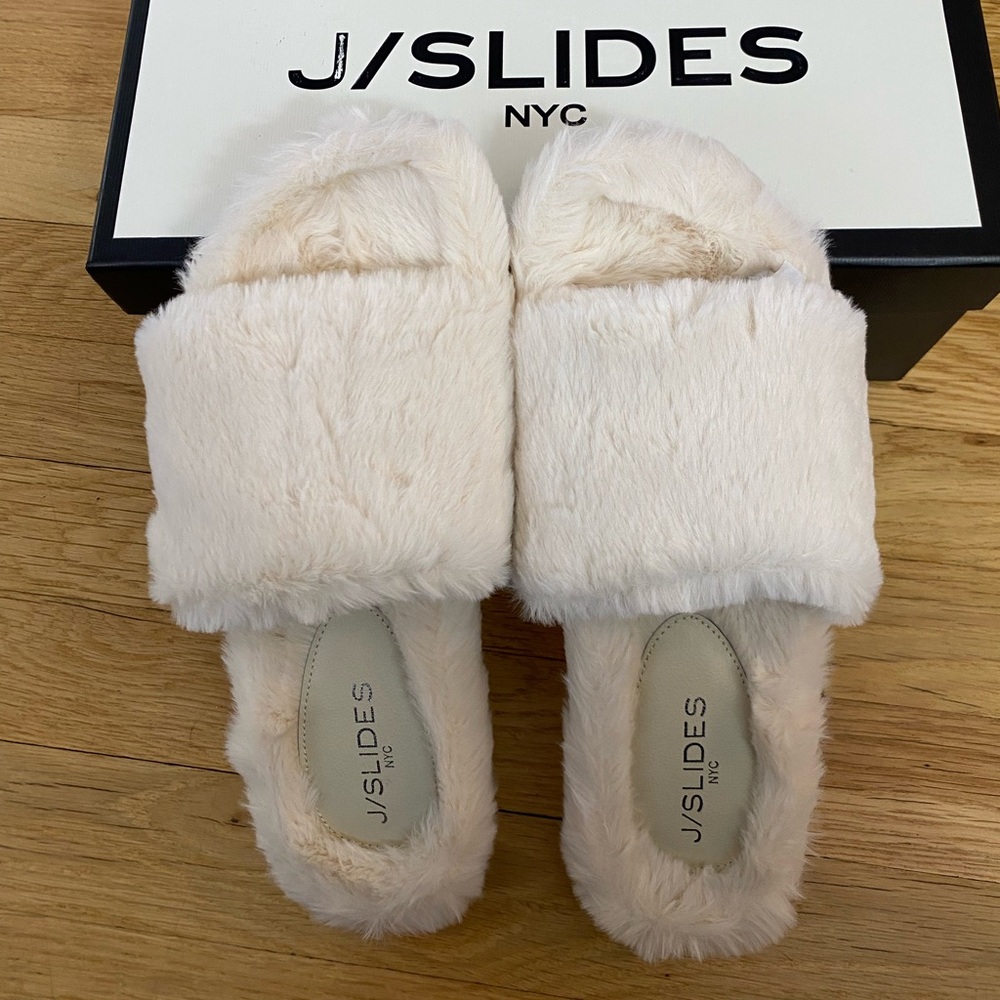 J Slides Women's Cream Furry Slippers